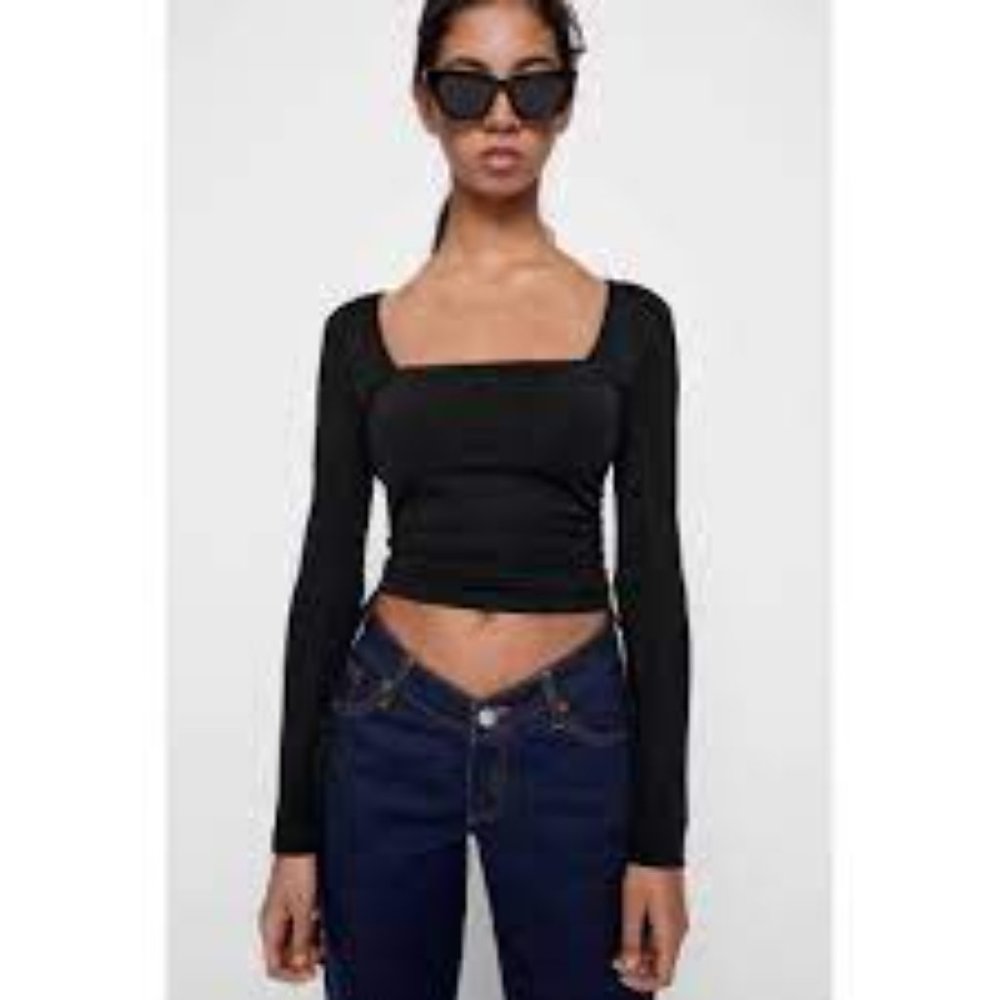 Zara Black Square Neck Ruched Gathered Sides Long Sleeve Crop Top SZ S N…